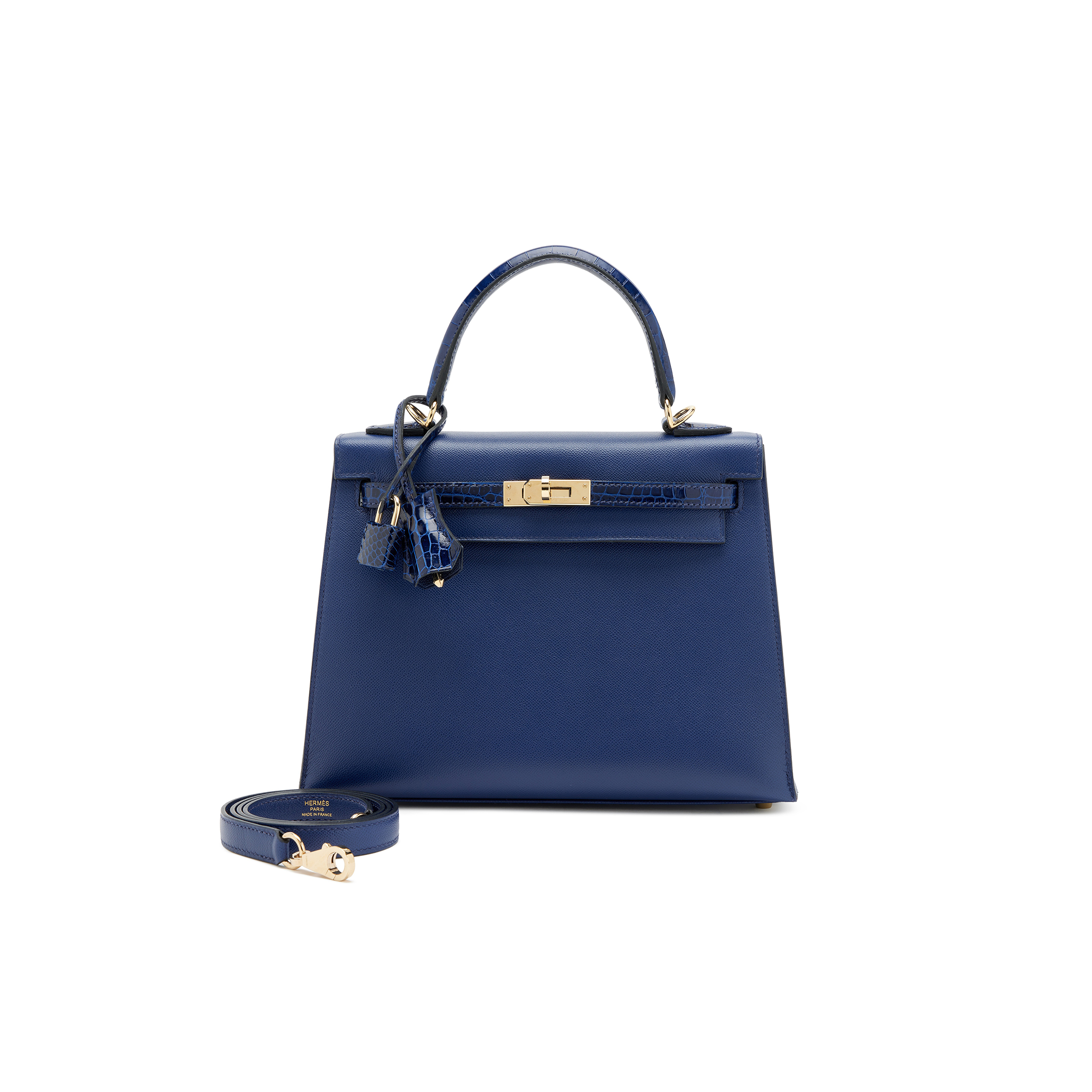 HERMES MASTER KELLY 25 MADAME CROC BLEU SAPHIR GOLD HARDWARE (25*17*7cm)